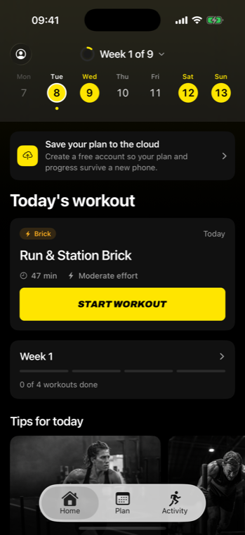 The ROXER home screen showing this week and today's workout