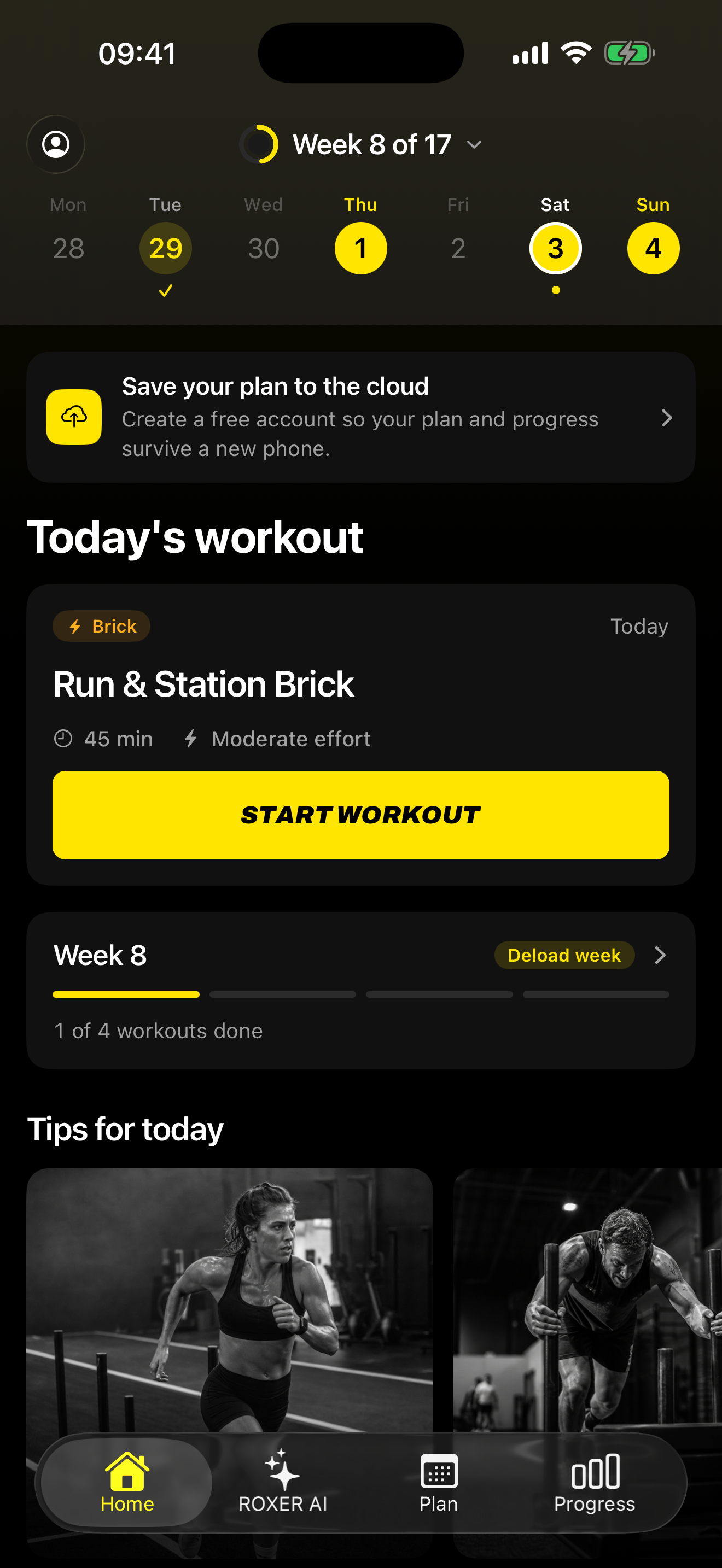 The ROXER home screen with today’s workout
