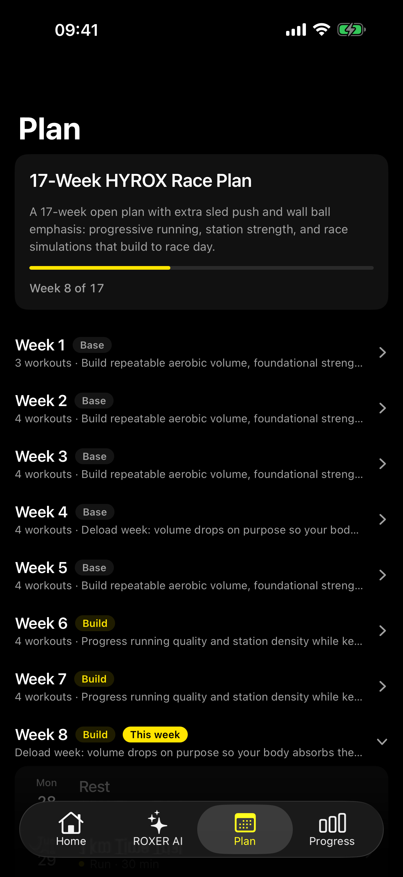 The Plan tab showing each phase and week