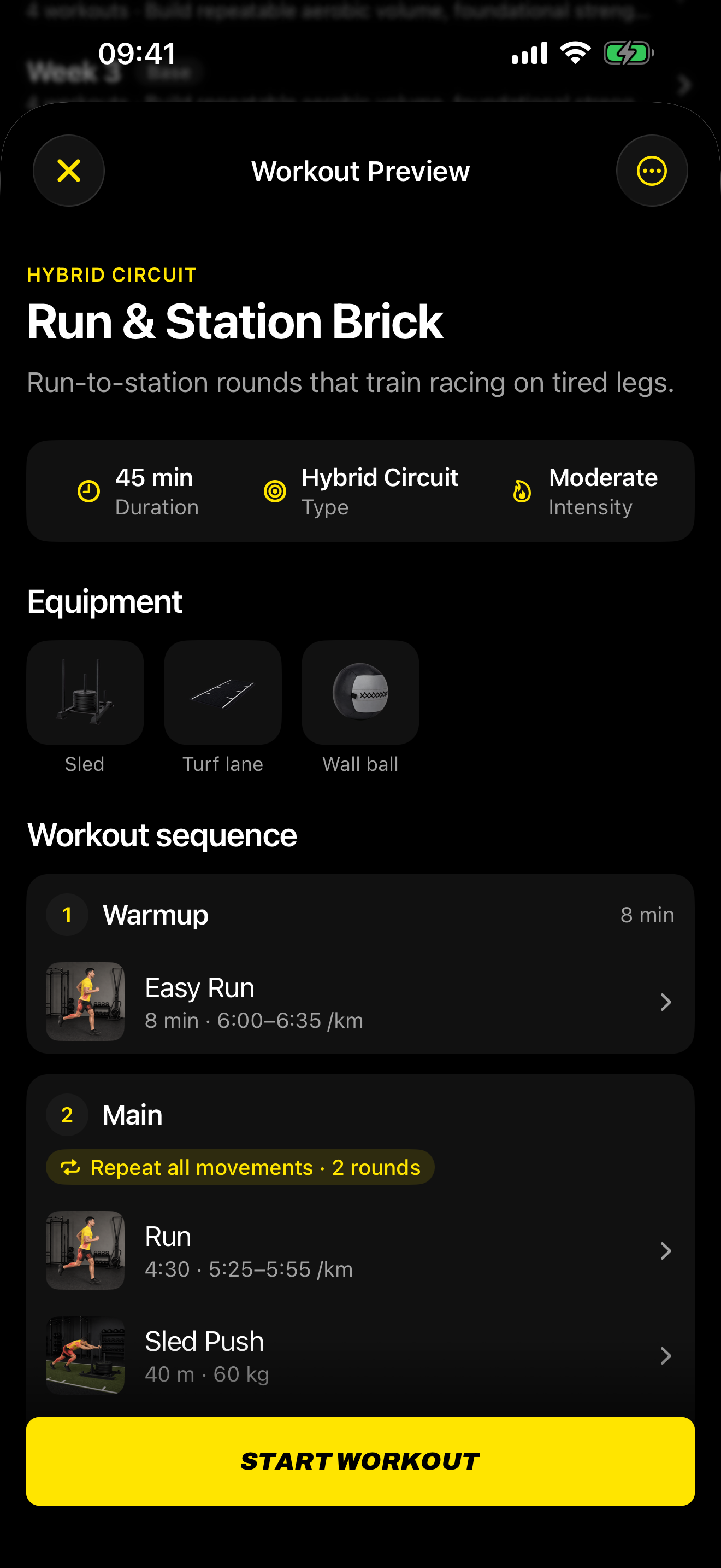 Workout preview listing each block of the session
